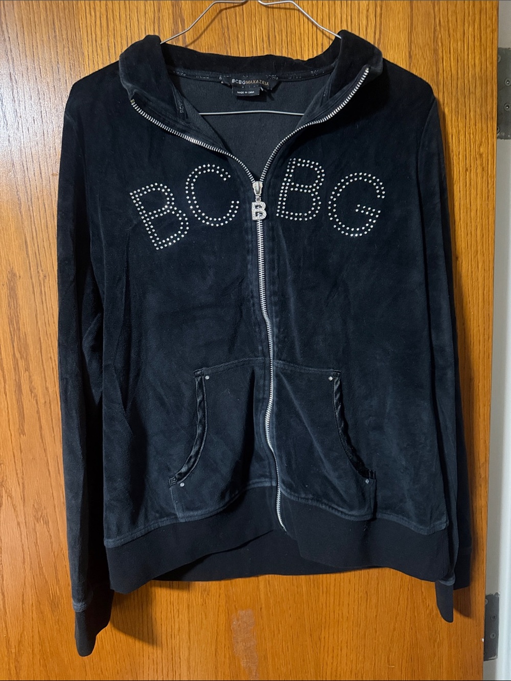 Vintage BCBG size XL Black Velour Crystal-Logo Zip Hoodie Jacket